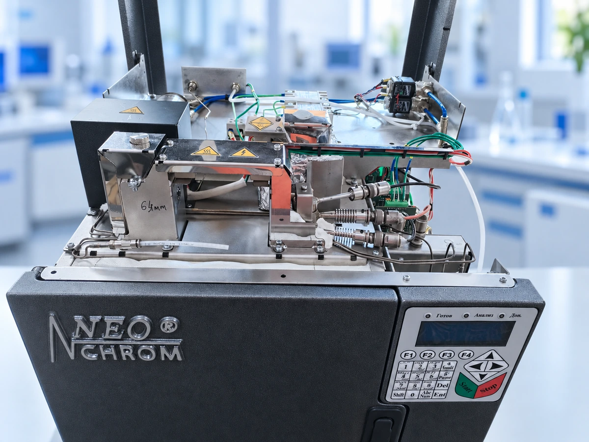 NeoCHROM chromatograph on a laboratory bench with open panels and visible internal assemblies